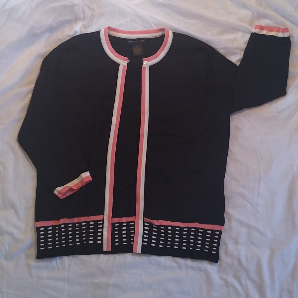 Black cardigan with pink and white detailing